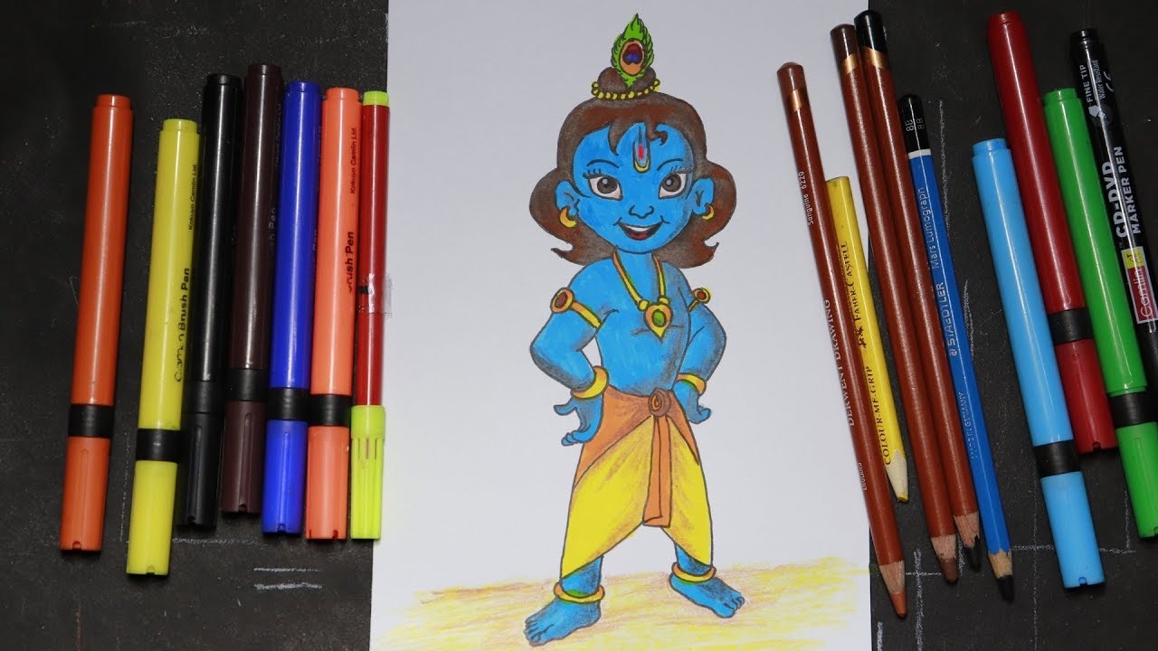 How To Draw Little Krishna With Sketchpen | Shree Krishna Drawing Step By  Step - YouTube
