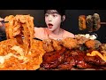 SUB)배떡 로제떡볶이에 BBQ 자메이카 통다리 꿀조합 먹방! 신메뉴 타르타르 새우튀김까지 Chicken with Rosé Tteokbokki Mukbang Asmr