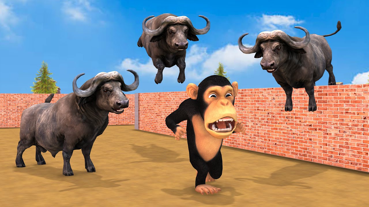 Zombie Buffalo Chase Funny Monkey Escape From Banana Maze Game | Funny Animal Game