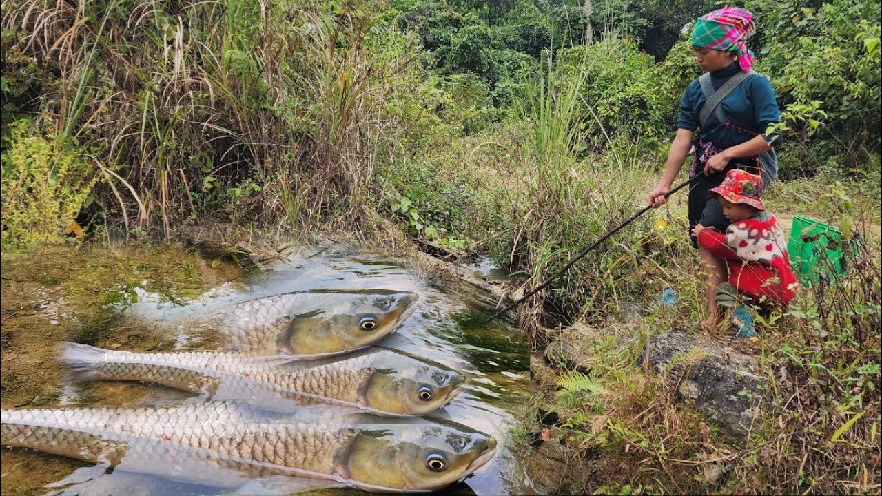 The woman found a big fish in the stream near her house and caught it..