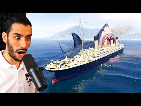 قرش الميغالودون العملاق ضد سفينة التيتانك | GTA V Megalodon vs Titanic