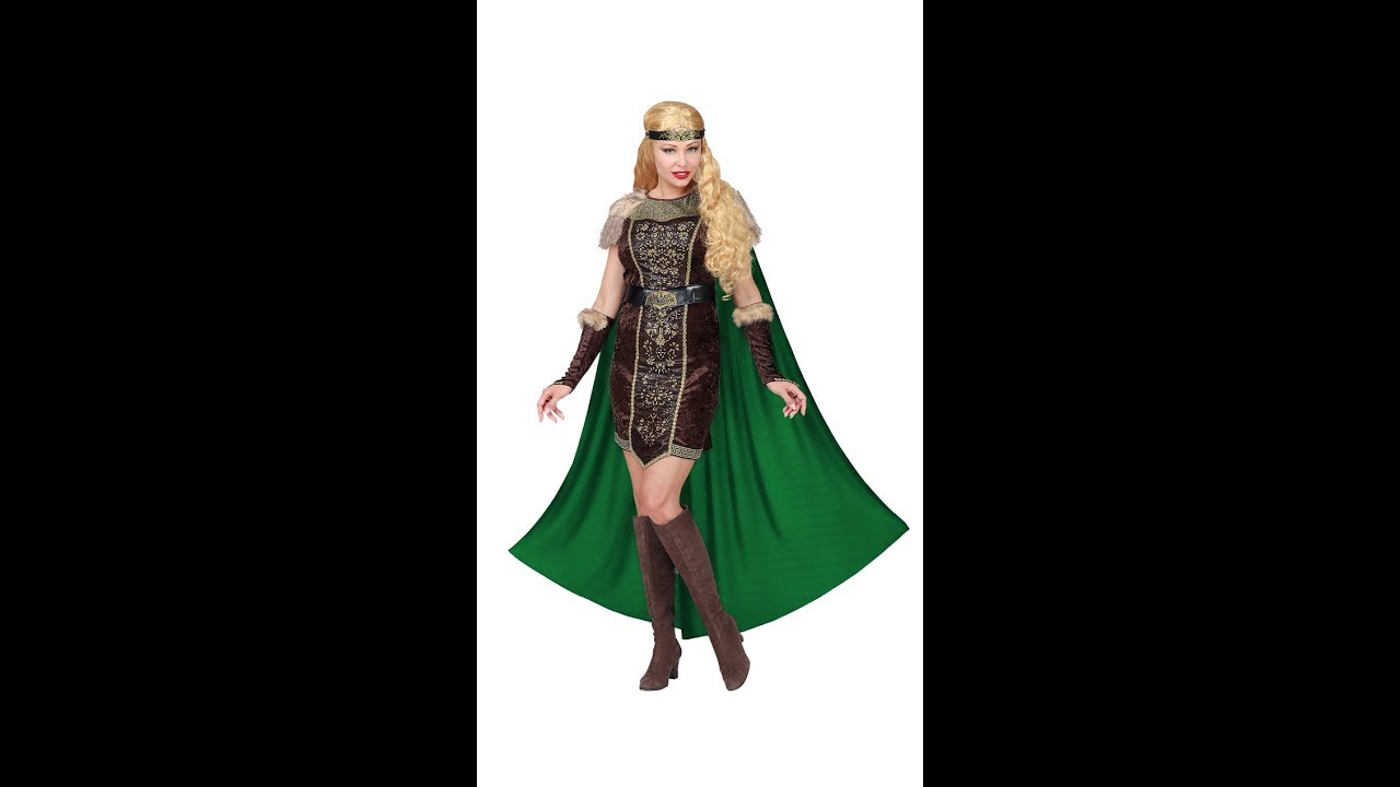 Déguisement viking femme (robe avec cape, ceinture, chauffe-bras, bandeau)  chez DeguizFetes.