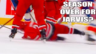 Seth Jarvis Injury blocking a shot with his ankle | Hurricanes vs Islanders 2025 Highlights