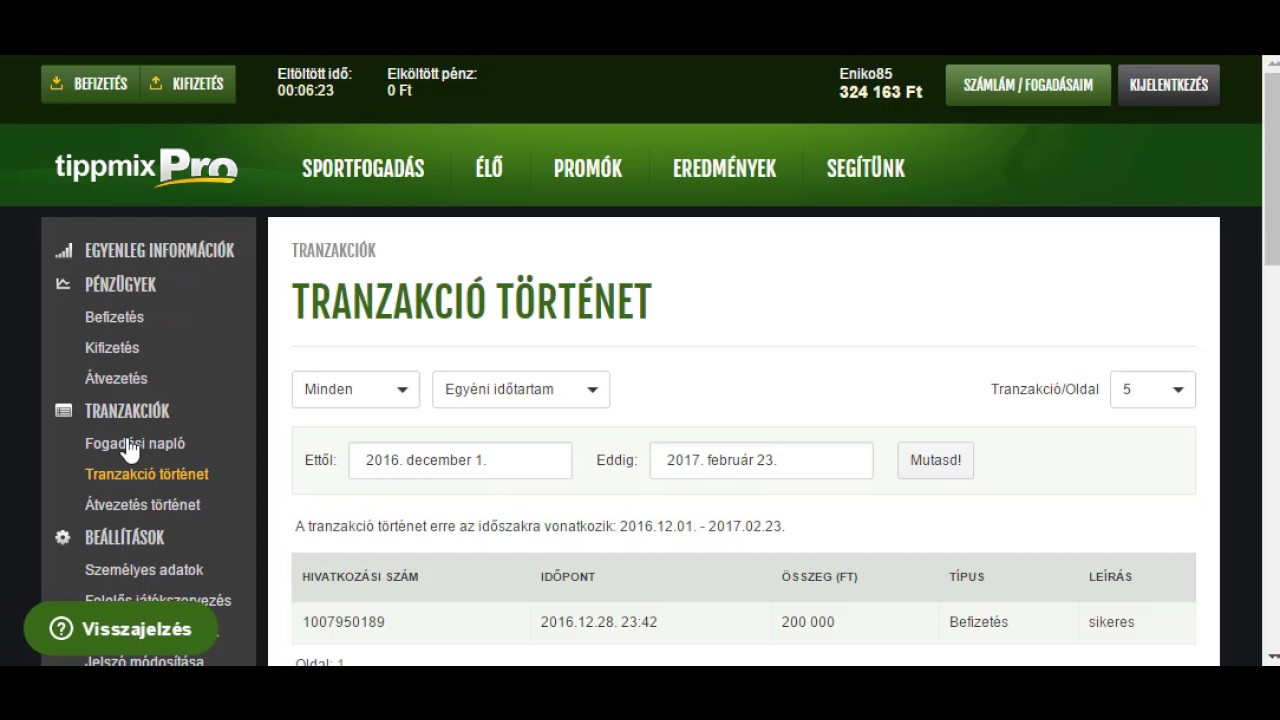 Tippmixpro Befizetési Interface Screenshot