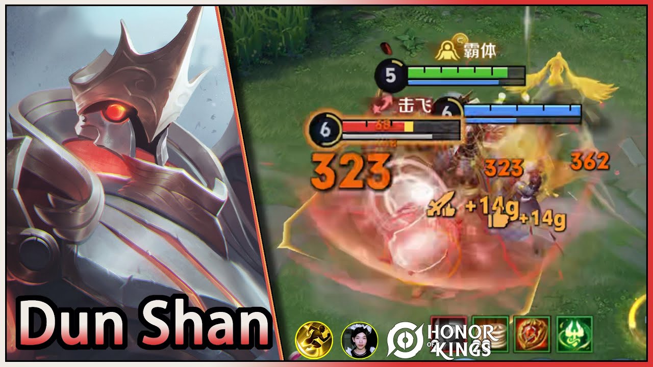 Dunshan menahan serangan musuh dengan perisai sambil menandai status CC Immune di Honor of Kings