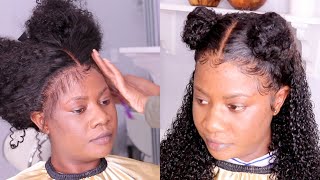 Kinky Jerry curl Lace frontal Wig install Half up Half down , double buns hairstyle