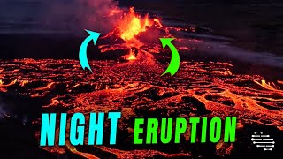 Aerial Footage of Ongoing Volcanic Eruption at Night