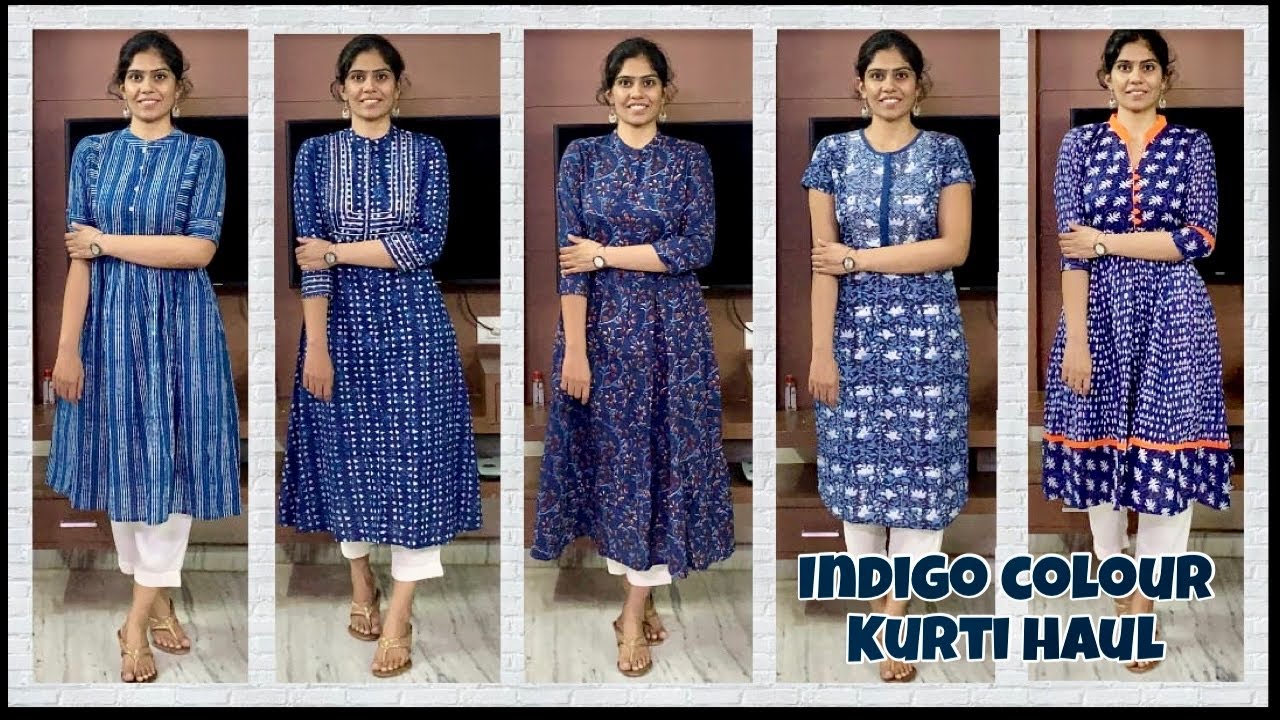 Buy NEW PHASE Combo of 2 two Rayon Printed Stitched straight fit Kurtis.  Kurta in left is of indigo Blue color with denim print and red colour in  front and indigo blue
