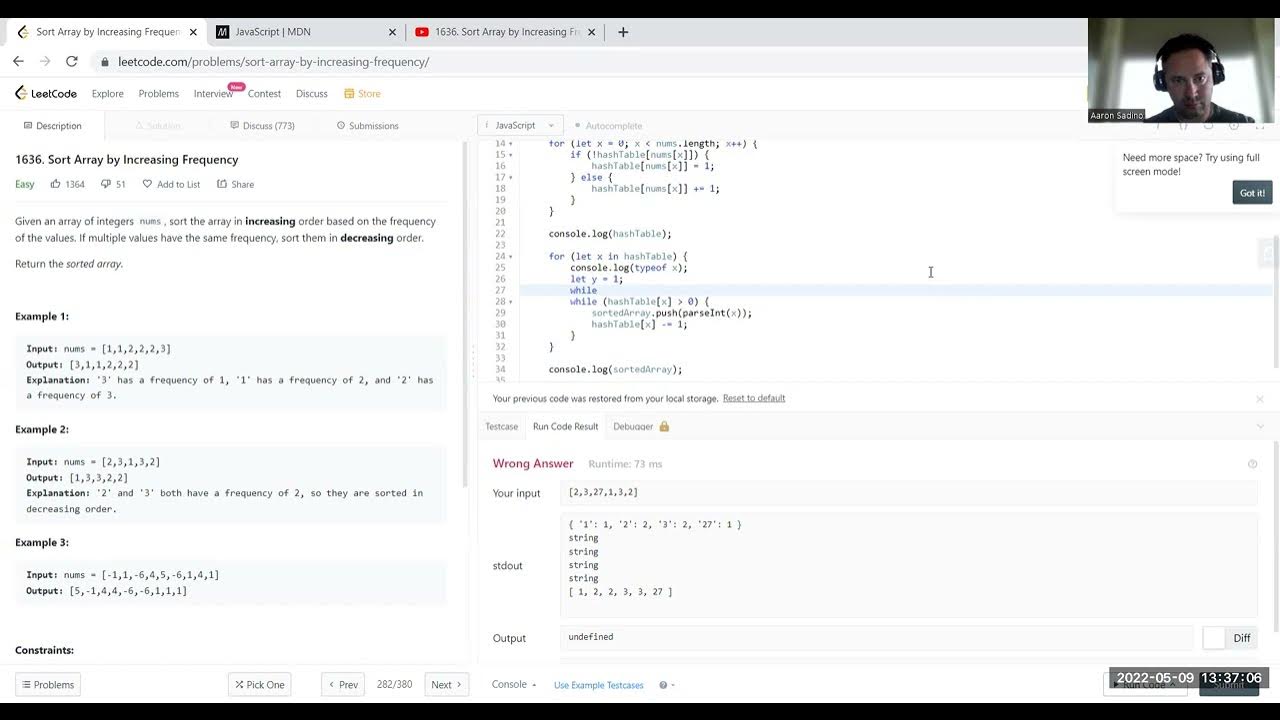 1636. Sort Array by Increasing Frequency - Javascript - Time: O(n log n ...