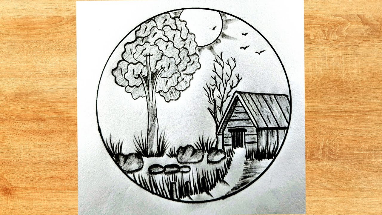 how to easy draw wooden house & flowers by pencil