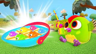 Hop Hop shows Peck Peck how to play with a magnetic fishing rod and catch toy fish.