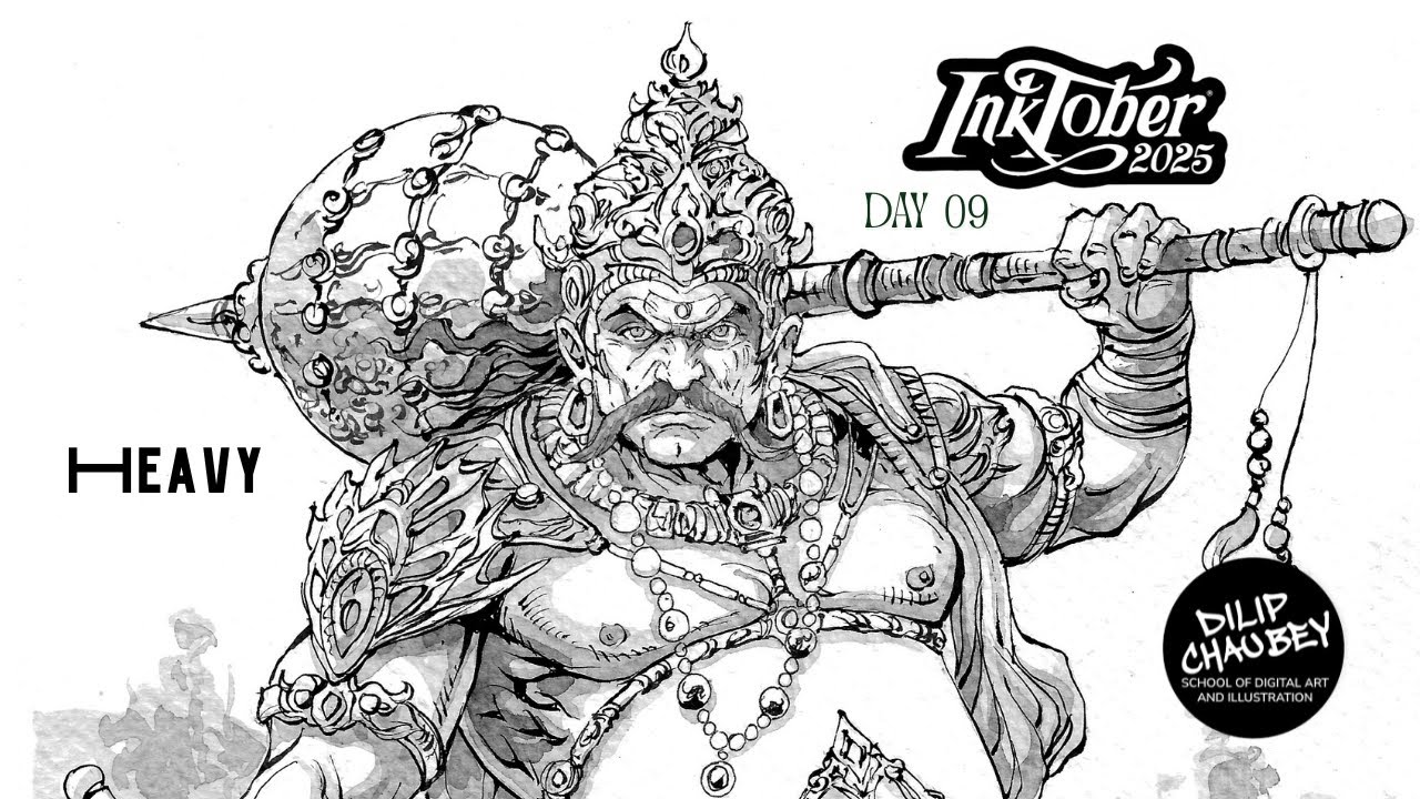 Inktober 2025 | Day 9 Heavy | Dilip Chaubey School of Art - YouTube