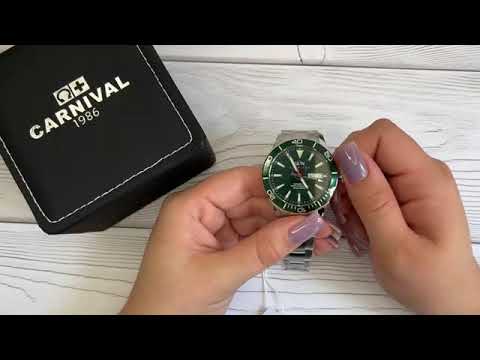 Мужские механические часы Carnival Diver Leather Deluxe 10 Bar с японским механизмом Seiko NH36A, видео 2