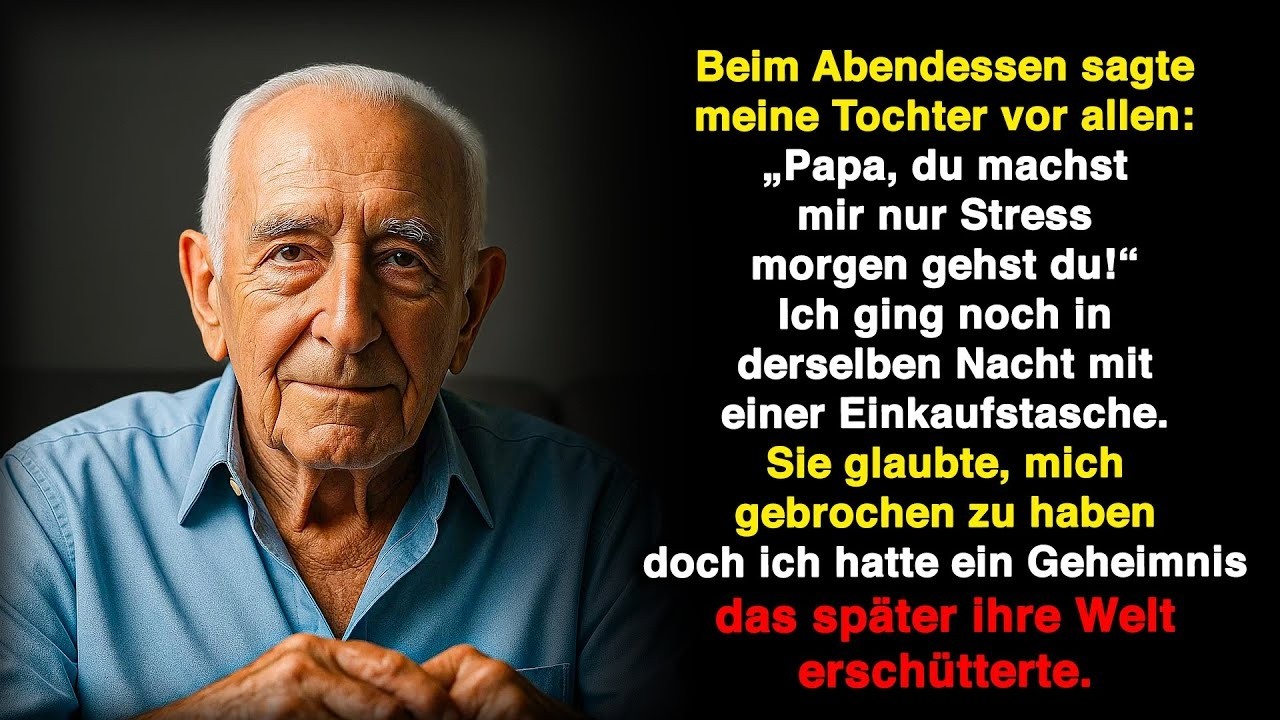 Meine Tochter flüsterte es mir am Esstisch zu, vor all ihren Gästen: „Papa, du bist mein Stress. Morgen ziehst du aus.“ Ich war 79, hatte nur eine Plastiktüte mit zwei Hosen und einem Foto meiner...