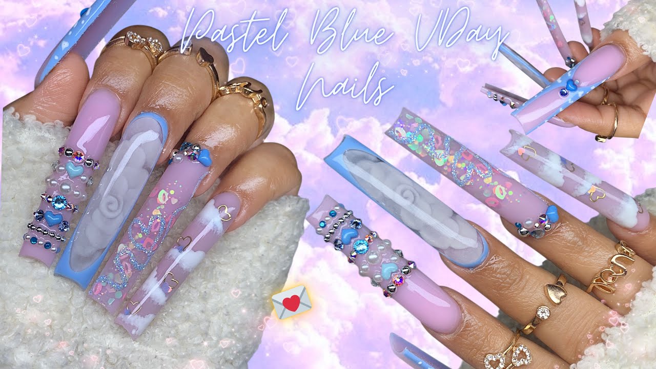 Лак для ногтей пастельно-голубого цвета ко Дню святого Валентина 💌🩵 / Встроенная роза / Дизайн бр...