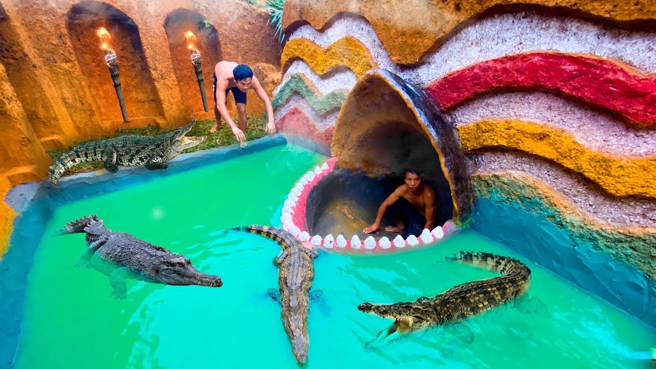 ⁣Build Swimming Pool Water Slide Crocodile Around The Secret Underground House - Primitive Survival