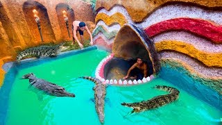 Build Swimming Pool Water Slide Crocodile Around The Secret Underground House - Primitive Survival