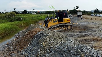 Fantastic Landfill Work! Fill Stones into Flood Zone by SHantui DH17C3 Dozer Pushing with Heavy Dump