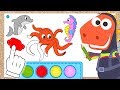 Aprende con Eddie a colorear animales marinos 🐬 Eddie el dino pinta un delfín, pulpo y un caballito