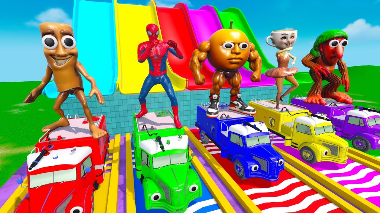 Playing as Spideman in Long Slide Game with Cow Elephant Gorilla - 3d Animal Game - Funny 3d Animals