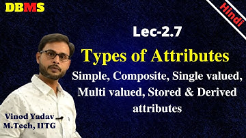 L2.7| Types of Attributes in DBMS | Simple, Composite, Single valued, Multi valued,  Stored, Derived