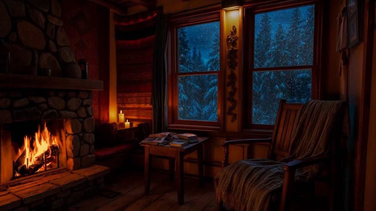 🌙 Winter Tea by the Window | Cabin Coffee Table, Warm Fire & Snowstorm Ambience for Sleep