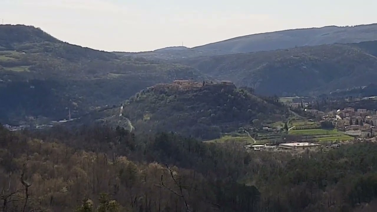 Sopot waterfall, dry, and a zoom in to Buzet town, Istria, Croatia