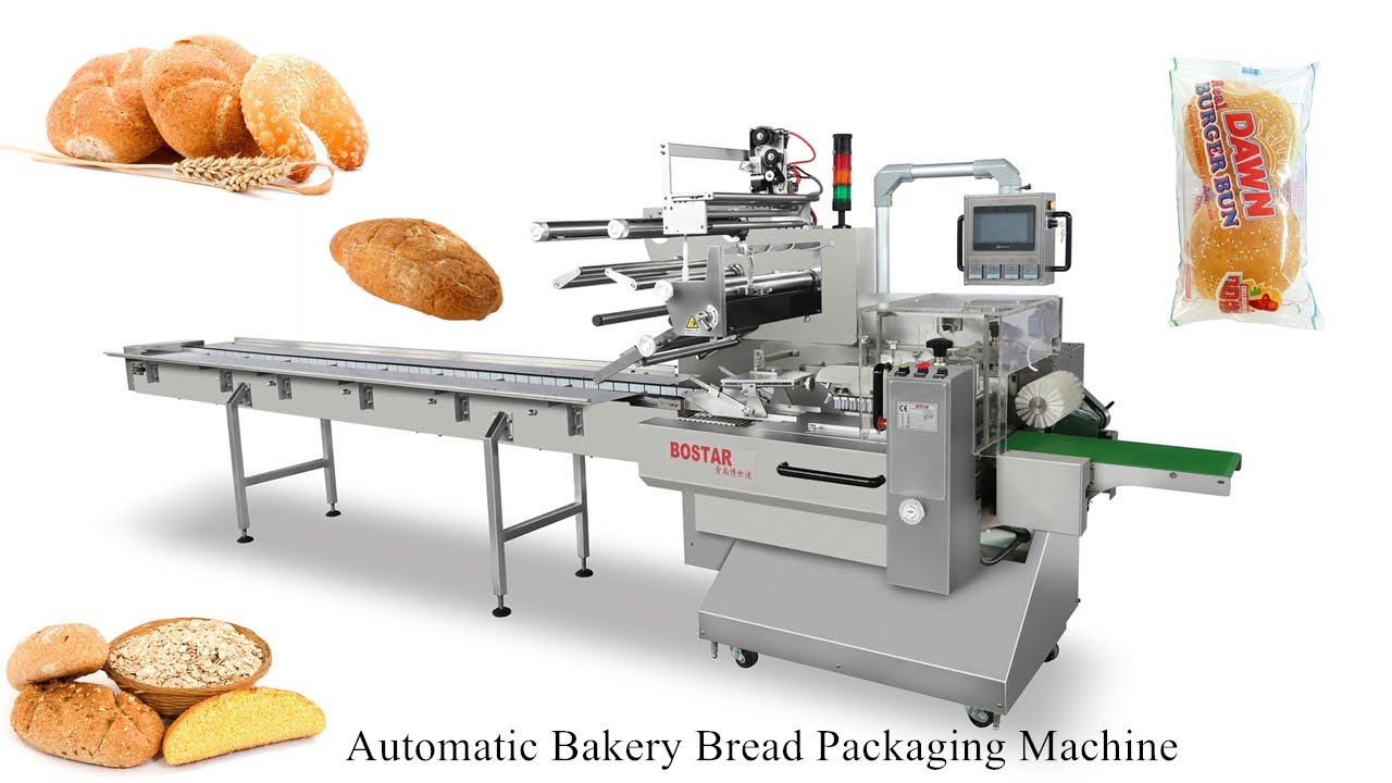 Automatic bakery food bread buns pillow bag horizontal flow pack wrapping packaging machine