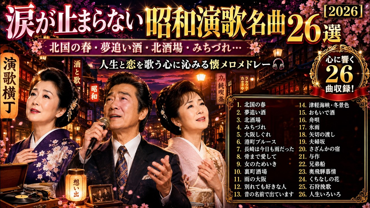 涙が止まらない昭和演歌名曲26選｜北国の春・夢追い酒・北酒場・みち