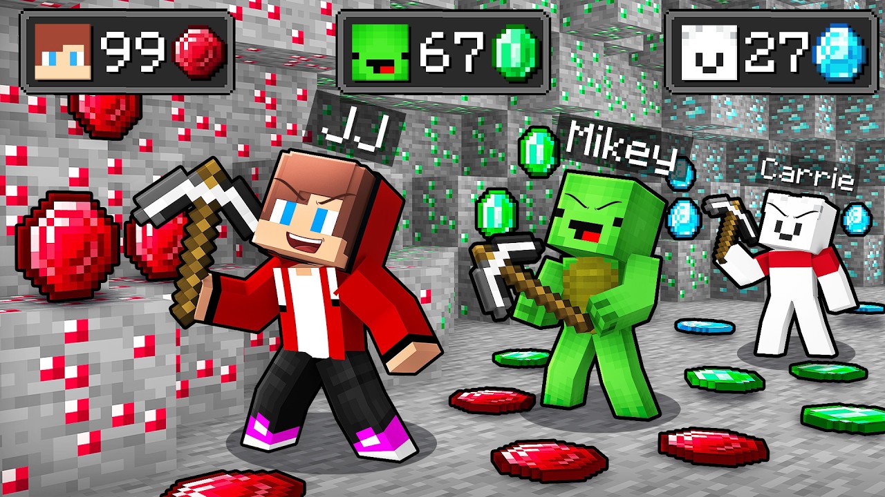 JJ vs Mikey vs Carrie: PICKAXE POWER BATTLE in Minecraft - Maizen