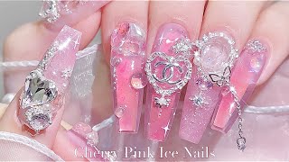 sub) Cherry Pink Ice Nails/Korean nails / extension nails / nail art / selfnails / ASMR