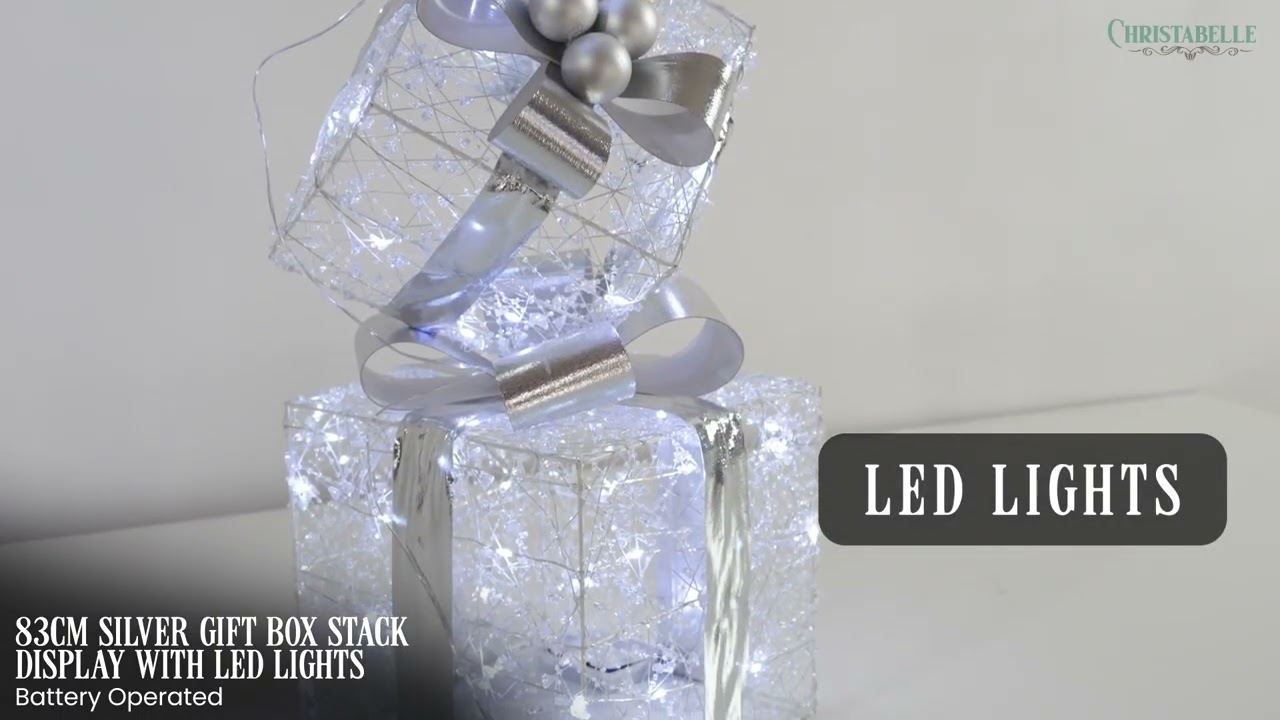 Christabelle 83cm Christmas Triple Silver Giftbox Stack Display with Lights