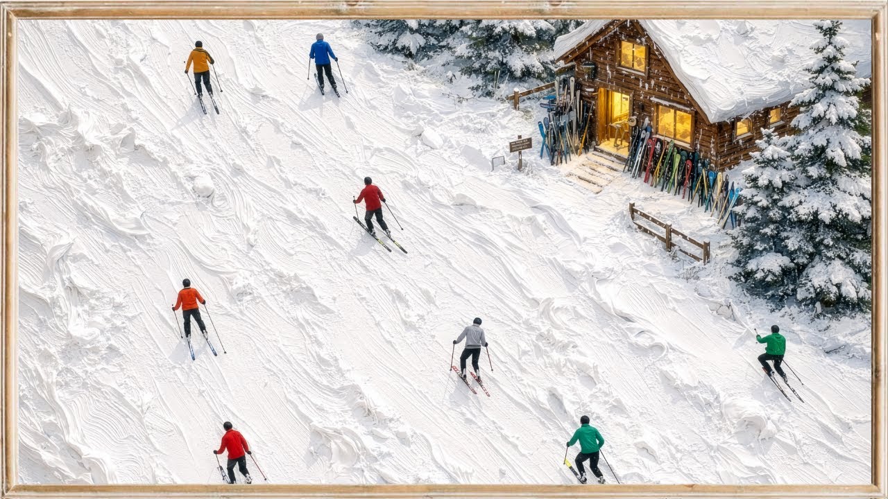 Alpine Ski Lodge Slope | Textured Snow Canvas TV Art Screensaver | 4K