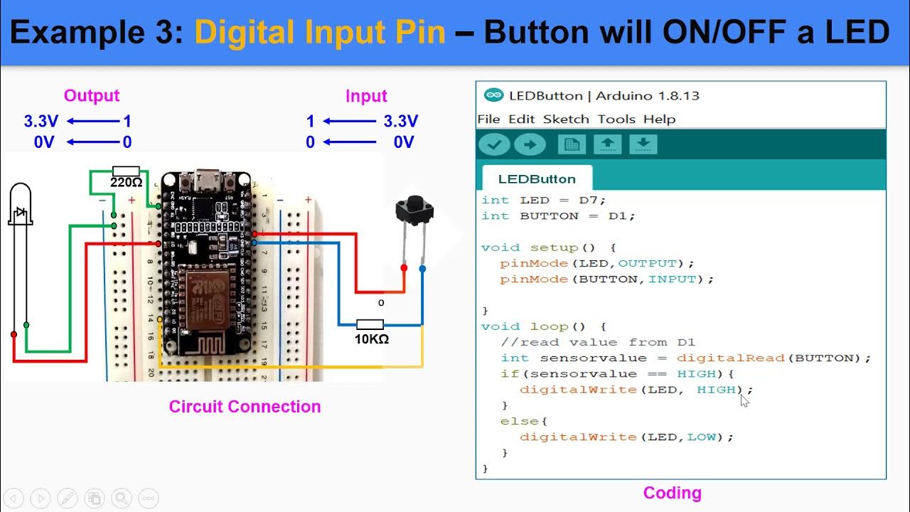 ESP8266 for Beginners : Example 3: Digital Input Pin - Button ON/OFF a ...