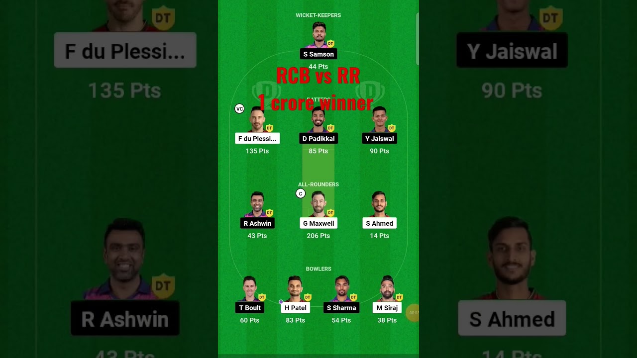 rcb vs rr 1 crore winner team!! dream 11 team prediction for today match!! 