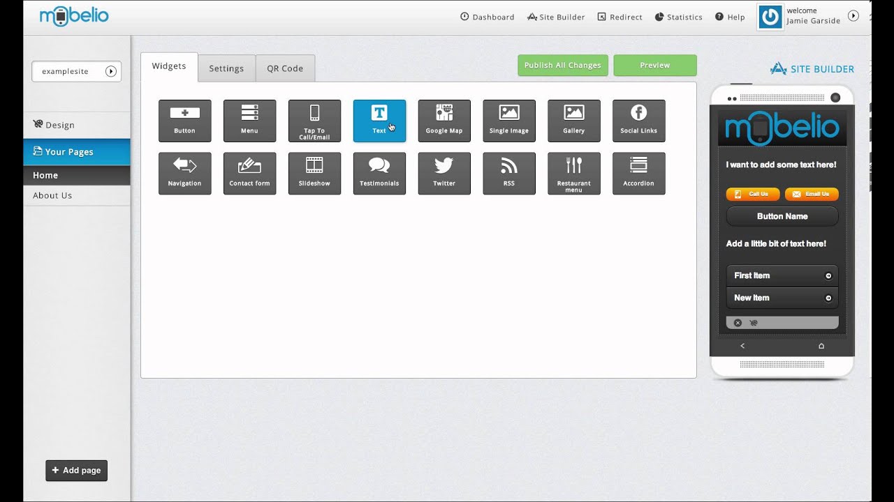 Mobelio Mobile Website Building - Using Widgets