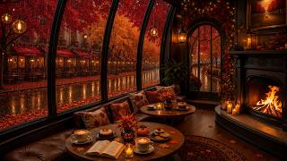 Elegant Autumn Coffee Shop by the Rainy Window | Gentle Jazz  Piano & Fireplace Ambience for Reading screenshot 5