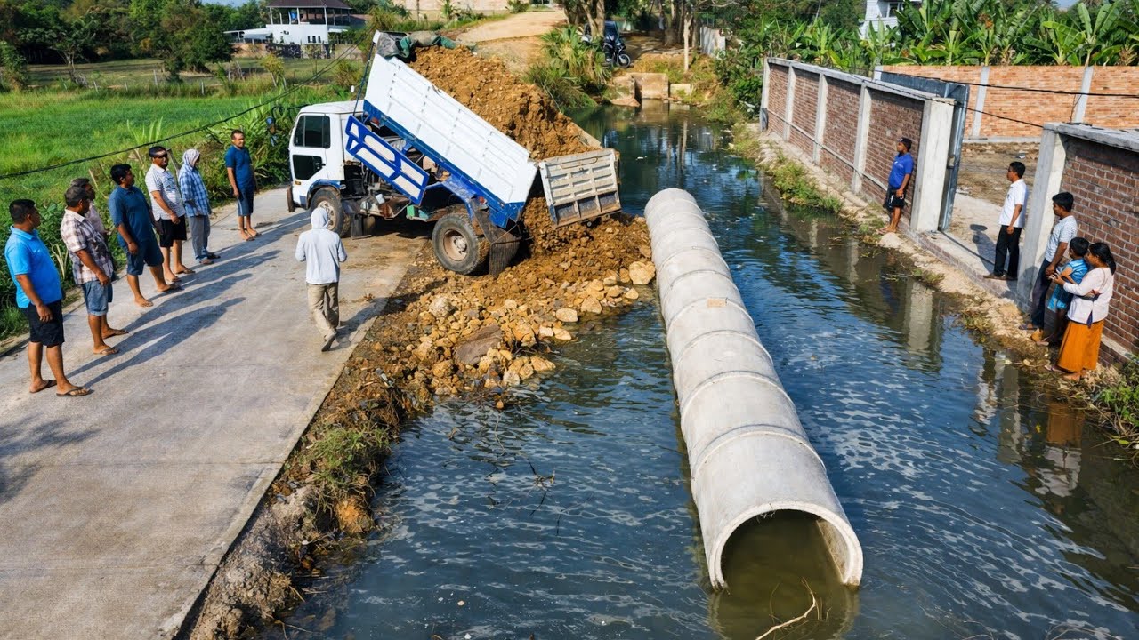 Amazing New Complete Drainage System Project By 5-T Truck Dumping & Bulldozer KOMATSU D20P Pushing