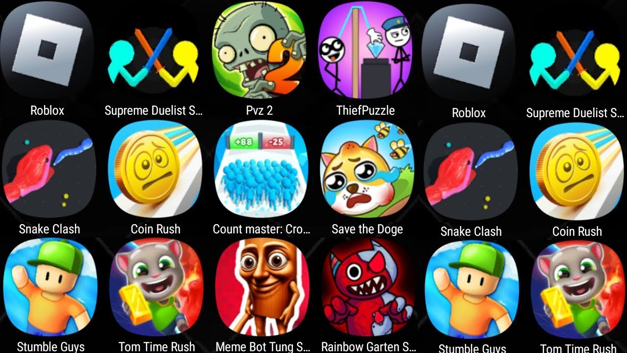 Plants Vs Zombies 2,Roblox,Stumble Guys,Thief Puzzle,Save The Doge,Supreme Duelist,Snake Clash...