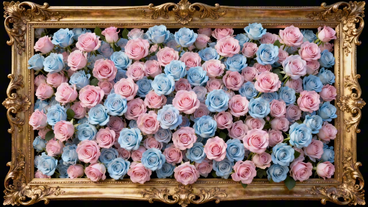 Roses Baby Pink 🩷 & Baby Blue 🩵 in a Golden Frame 🩷 🩵 | 4K Frame TV Art | Gender Reveal Wallpaper