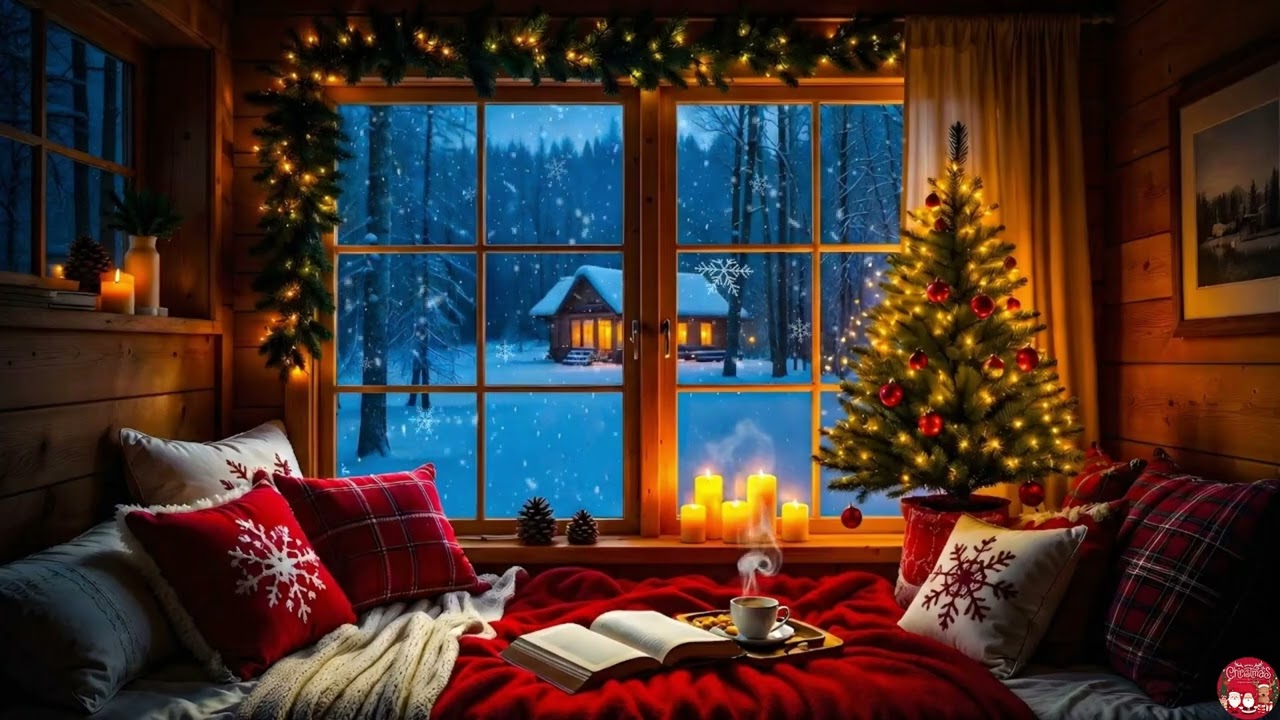 Cozy Christmas Cabin Night ❄️ Relaxing Piano Music & Snowy Window Ambience