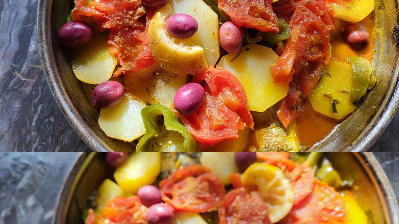 طبق السمك والخضر مع سلطة