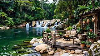 🔥 Cozy Riverside Cabin 🌿 Flowing Stream, Singing Birds & Warm Campfire Sounds