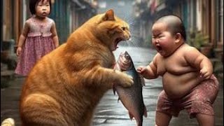 Bocah gemoy dan kucing berebut ikan#cat#viral