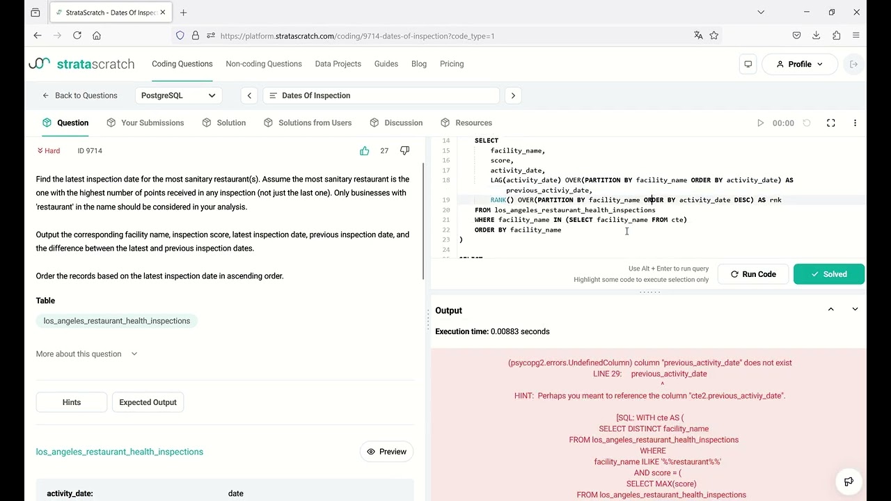 StrataScratch solution - Dates of Inspection ID 9714 (SQL, Pandas, PySpark)