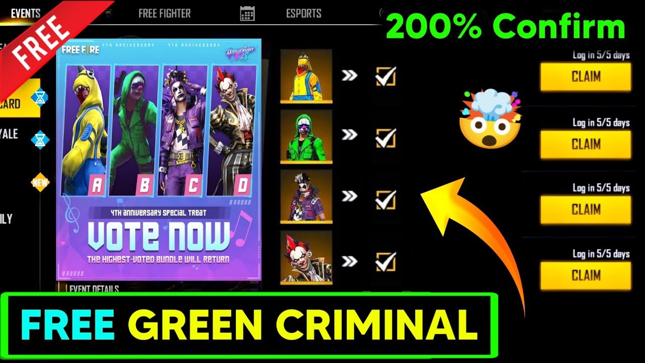 FF NEW EVENT - FREE FIRE 4TH ANNIVERSARY EVENT FREE CRIMINAL BUNDLE || FF 4th ANNIVERSARY EVENT