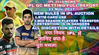New Rules In IPL 2018 | IPL 2018 GC Metting Report 21 Nov. 2017