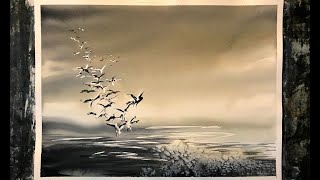 Beginners watercolour Seascape tutorial, low tide, seagulls masking fluid, simple hake watercolor