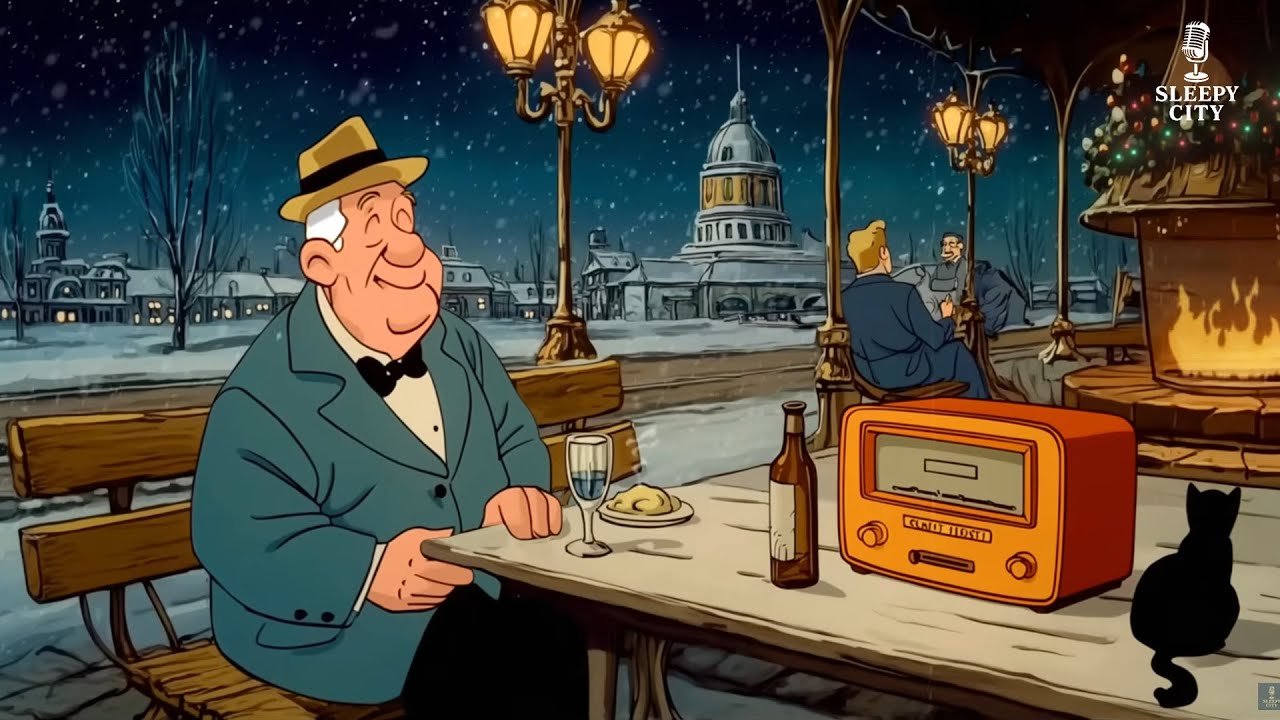 Grandpa’s Christmas Evening: Vintage Oldies Playing from Another Room in a Snowy Winter Town