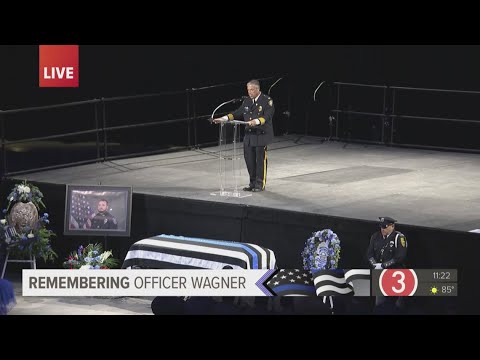 Ohio FOP President Jay McDonald speaks at service for fallen Lorain police officer Phillip Wagner